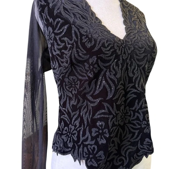 Tadashi Vintage Black Velvet Beaded Mesh Sleeve V-Neck Party Evening Top M - Picture 4 of 12